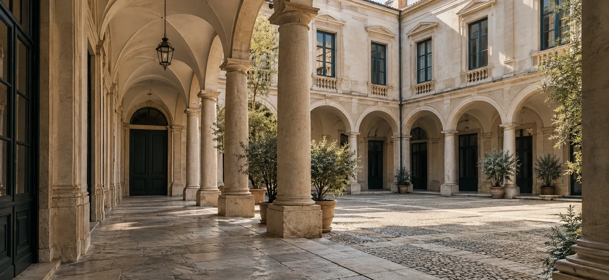 Cortile porticato di un palazzo, con colonne in pietra e piante in vaso.